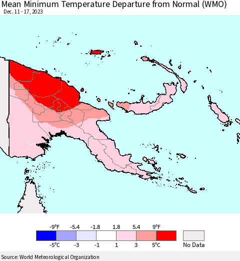 Papua New Guinea Mean Minimum Temperature Departure from Normal (WMO) Thematic Map For 12/11/2023 - 12/17/2023