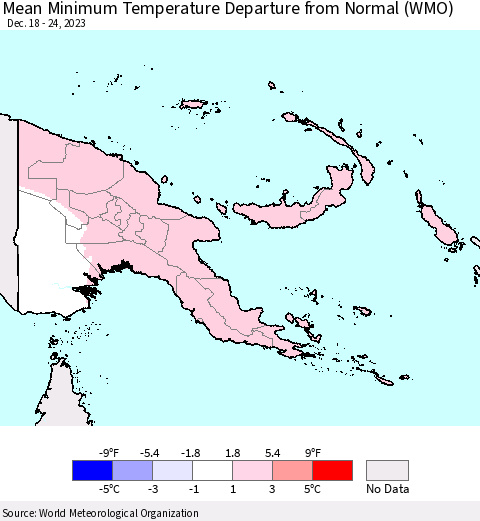 Papua New Guinea Mean Minimum Temperature Departure from Normal (WMO) Thematic Map For 12/18/2023 - 12/24/2023