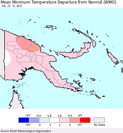 Papua New Guinea Mean Minimum Temperature Departure from Normal (WMO) Thematic Map For 12/25/2023 - 12/31/2023