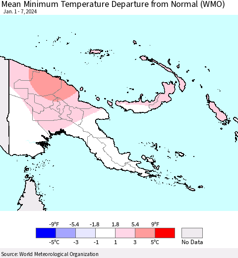 Papua New Guinea Mean Minimum Temperature Departure from Normal (WMO) Thematic Map For 1/1/2024 - 1/7/2024