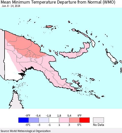 Papua New Guinea Mean Minimum Temperature Departure from Normal (WMO) Thematic Map For 1/8/2024 - 1/14/2024