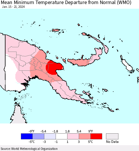 Papua New Guinea Mean Minimum Temperature Departure from Normal (WMO) Thematic Map For 1/15/2024 - 1/21/2024