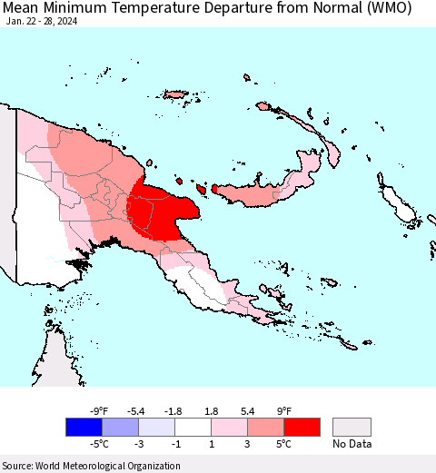 Papua New Guinea Mean Minimum Temperature Departure from Normal (WMO) Thematic Map For 1/22/2024 - 1/28/2024