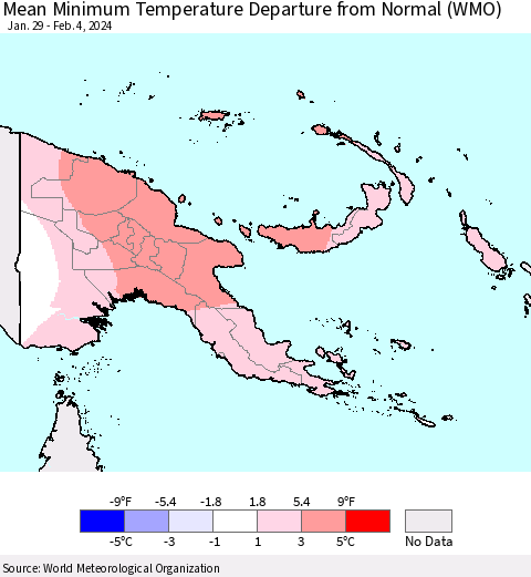 Papua New Guinea Mean Minimum Temperature Departure from Normal (WMO) Thematic Map For 1/29/2024 - 2/4/2024