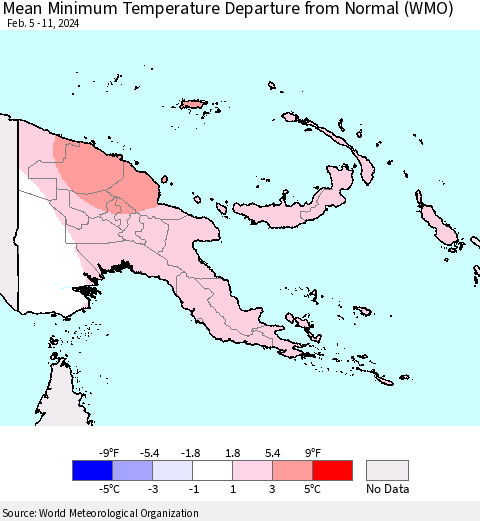 Papua New Guinea Mean Minimum Temperature Departure from Normal (WMO) Thematic Map For 2/5/2024 - 2/11/2024