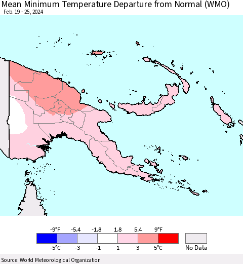 Papua New Guinea Mean Minimum Temperature Departure from Normal (WMO) Thematic Map For 2/19/2024 - 2/25/2024
