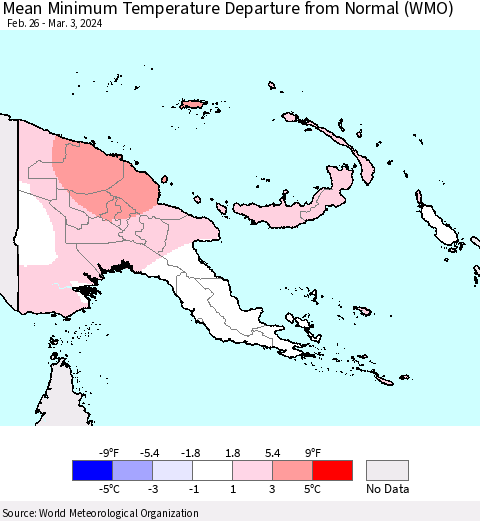 Papua New Guinea Mean Minimum Temperature Departure from Normal (WMO) Thematic Map For 2/26/2024 - 3/3/2024
