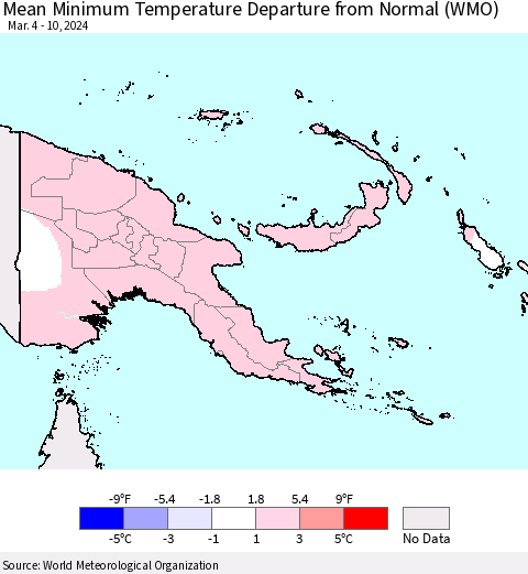 Papua New Guinea Mean Minimum Temperature Departure from Normal (WMO) Thematic Map For 3/4/2024 - 3/10/2024