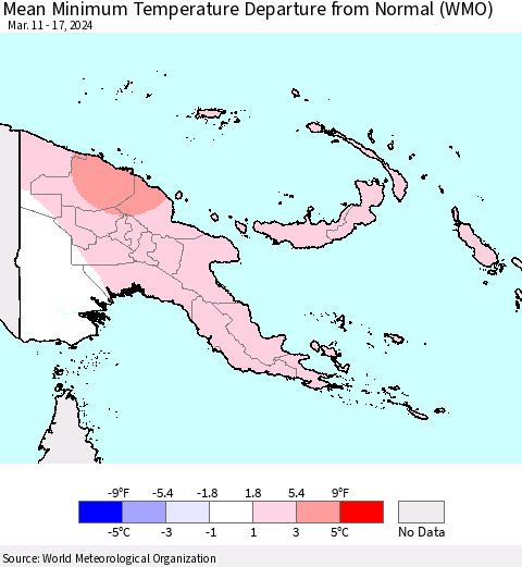 Papua New Guinea Mean Minimum Temperature Departure from Normal (WMO) Thematic Map For 3/11/2024 - 3/17/2024