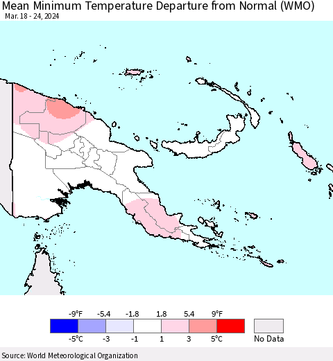 Papua New Guinea Mean Minimum Temperature Departure from Normal (WMO) Thematic Map For 3/18/2024 - 3/24/2024