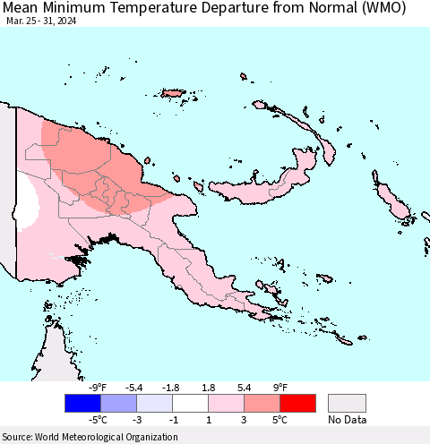 Papua New Guinea Mean Minimum Temperature Departure from Normal (WMO) Thematic Map For 3/25/2024 - 3/31/2024