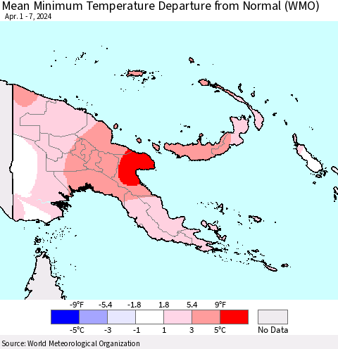 Papua New Guinea Mean Minimum Temperature Departure from Normal (WMO) Thematic Map For 4/1/2024 - 4/7/2024
