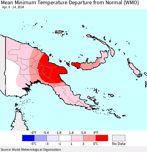Papua New Guinea Mean Minimum Temperature Departure from Normal (WMO) Thematic Map For 4/8/2024 - 4/14/2024