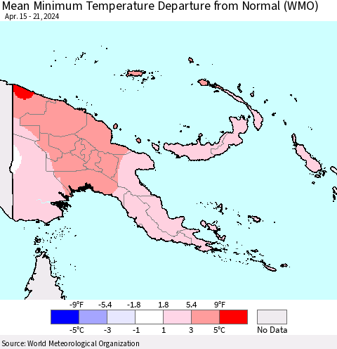 Papua New Guinea Mean Minimum Temperature Departure from Normal (WMO) Thematic Map For 4/15/2024 - 4/21/2024