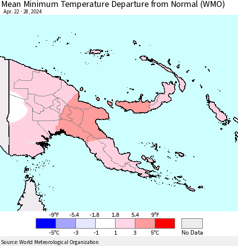 Papua New Guinea Mean Minimum Temperature Departure from Normal (WMO) Thematic Map For 4/22/2024 - 4/28/2024