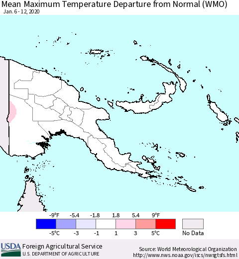 Papua New Guinea Mean Maximum Temperature Departure from Normal (WMO) Thematic Map For 1/6/2020 - 1/12/2020