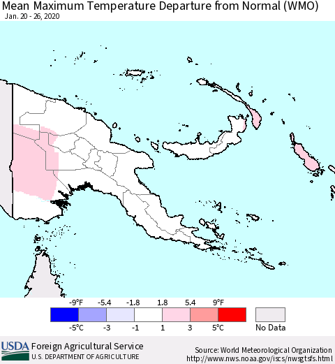 Papua New Guinea Mean Maximum Temperature Departure from Normal (WMO) Thematic Map For 1/20/2020 - 1/26/2020