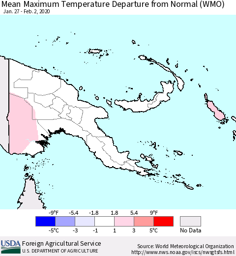 Papua New Guinea Mean Maximum Temperature Departure from Normal (WMO) Thematic Map For 1/27/2020 - 2/2/2020