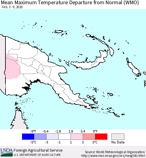 Papua New Guinea Mean Maximum Temperature Departure from Normal (WMO) Thematic Map For 2/3/2020 - 2/9/2020