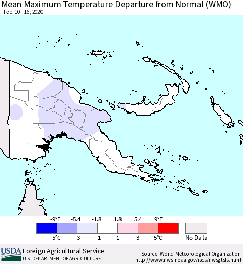 Papua New Guinea Mean Maximum Temperature Departure from Normal (WMO) Thematic Map For 2/10/2020 - 2/16/2020