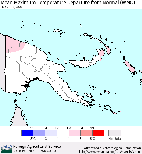 Papua New Guinea Mean Maximum Temperature Departure from Normal (WMO) Thematic Map For 3/2/2020 - 3/8/2020