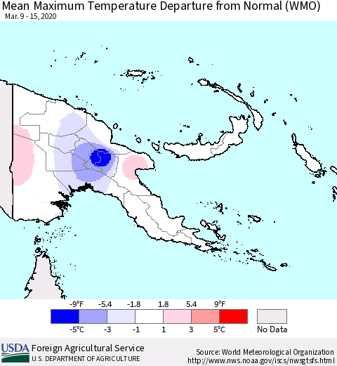 Papua New Guinea Mean Maximum Temperature Departure from Normal (WMO) Thematic Map For 3/9/2020 - 3/15/2020
