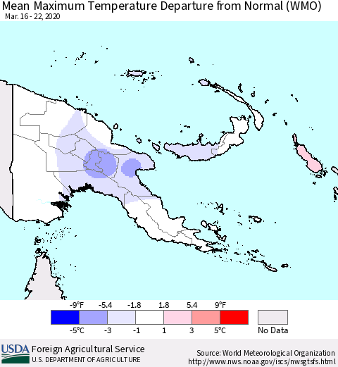 Papua New Guinea Mean Maximum Temperature Departure from Normal (WMO) Thematic Map For 3/16/2020 - 3/22/2020