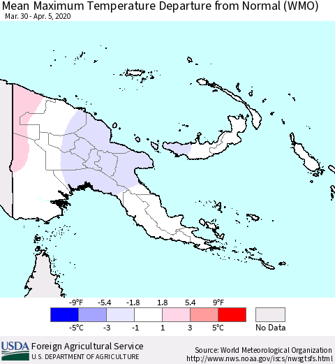 Papua New Guinea Mean Maximum Temperature Departure from Normal (WMO) Thematic Map For 3/30/2020 - 4/5/2020
