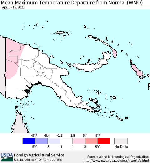 Papua New Guinea Mean Maximum Temperature Departure from Normal (WMO) Thematic Map For 4/6/2020 - 4/12/2020