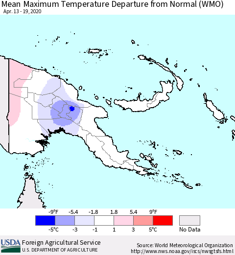 Papua New Guinea Mean Maximum Temperature Departure from Normal (WMO) Thematic Map For 4/13/2020 - 4/19/2020