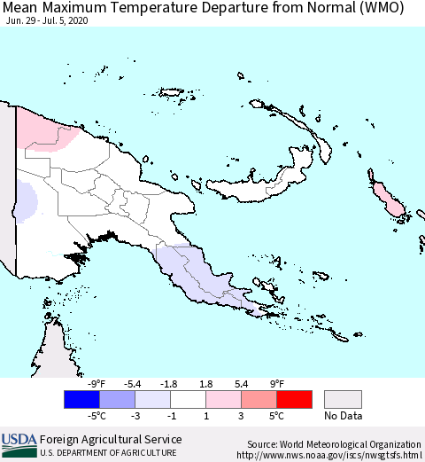Papua New Guinea Mean Maximum Temperature Departure from Normal (WMO) Thematic Map For 6/29/2020 - 7/5/2020