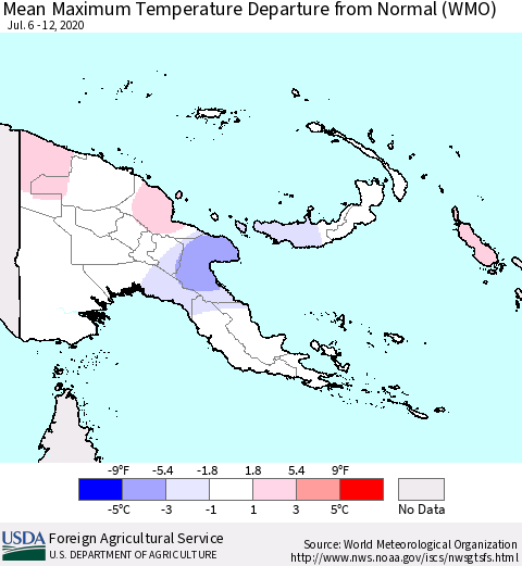Papua New Guinea Mean Maximum Temperature Departure from Normal (WMO) Thematic Map For 7/6/2020 - 7/12/2020