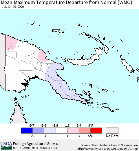 Papua New Guinea Mean Maximum Temperature Departure from Normal (WMO) Thematic Map For 7/13/2020 - 7/19/2020