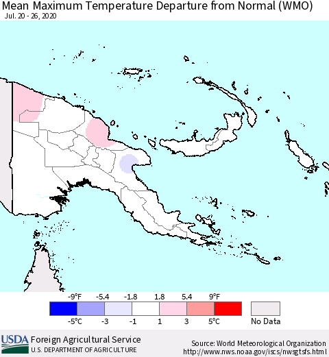 Papua New Guinea Mean Maximum Temperature Departure from Normal (WMO) Thematic Map For 7/20/2020 - 7/26/2020