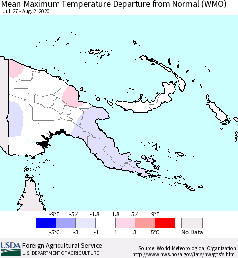 Papua New Guinea Mean Maximum Temperature Departure from Normal (WMO) Thematic Map For 7/27/2020 - 8/2/2020