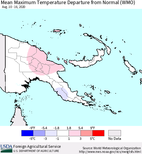 Papua New Guinea Mean Maximum Temperature Departure from Normal (WMO) Thematic Map For 8/10/2020 - 8/16/2020