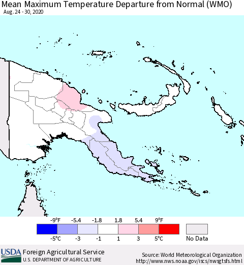 Papua New Guinea Mean Maximum Temperature Departure from Normal (WMO) Thematic Map For 8/24/2020 - 8/30/2020
