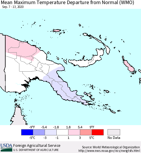 Papua New Guinea Mean Maximum Temperature Departure from Normal (WMO) Thematic Map For 9/7/2020 - 9/13/2020