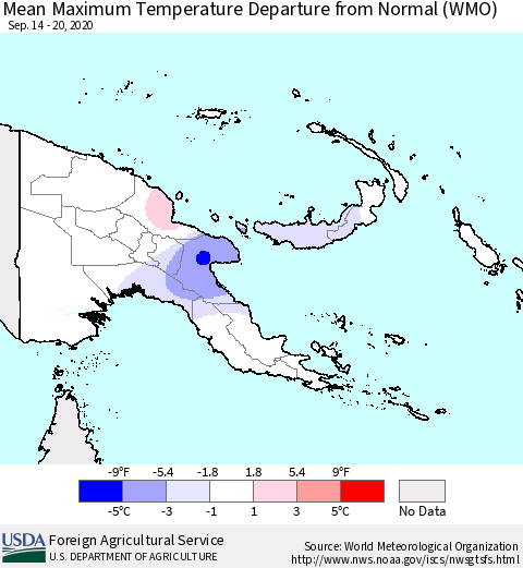 Papua New Guinea Mean Maximum Temperature Departure from Normal (WMO) Thematic Map For 9/14/2020 - 9/20/2020