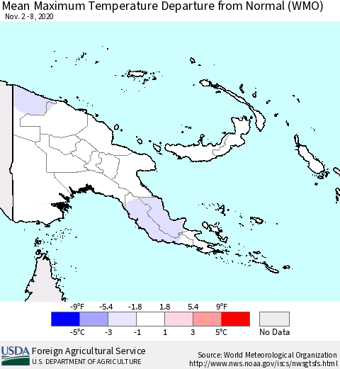 Papua New Guinea Mean Maximum Temperature Departure from Normal (WMO) Thematic Map For 11/2/2020 - 11/8/2020
