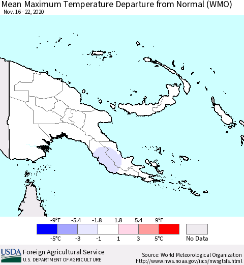 Papua New Guinea Mean Maximum Temperature Departure from Normal (WMO) Thematic Map For 11/16/2020 - 11/22/2020