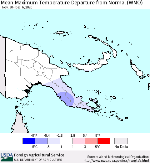 Papua New Guinea Mean Maximum Temperature Departure from Normal (WMO) Thematic Map For 11/30/2020 - 12/6/2020