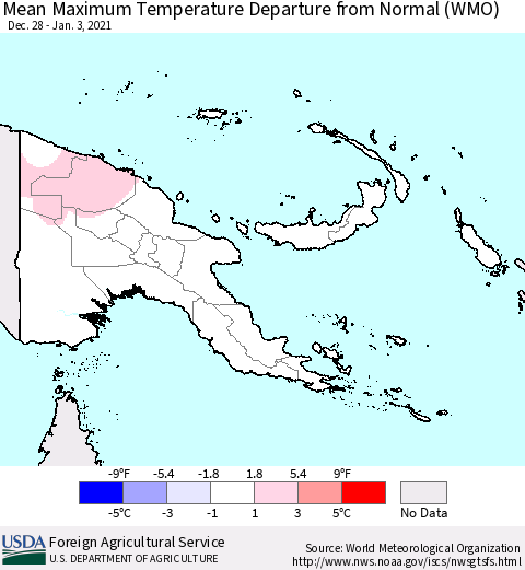 Papua New Guinea Mean Maximum Temperature Departure from Normal (WMO) Thematic Map For 12/28/2020 - 1/3/2021