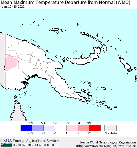 Papua New Guinea Mean Maximum Temperature Departure from Normal (WMO) Thematic Map For 1/10/2022 - 1/16/2022