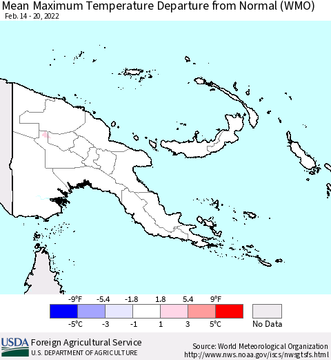 Papua New Guinea Mean Maximum Temperature Departure from Normal (WMO) Thematic Map For 2/14/2022 - 2/20/2022