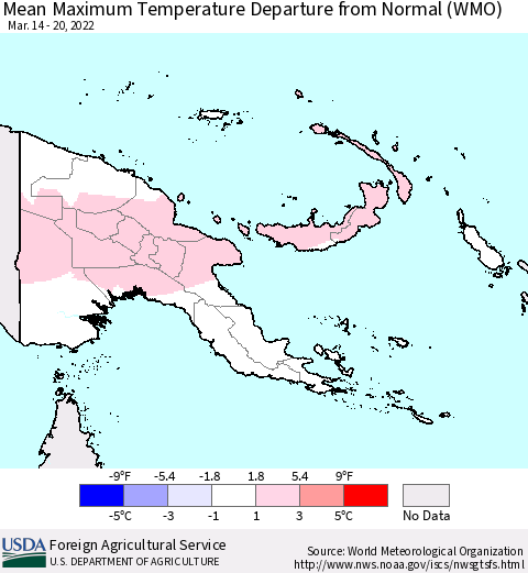 Papua New Guinea Mean Maximum Temperature Departure from Normal (WMO) Thematic Map For 3/14/2022 - 3/20/2022