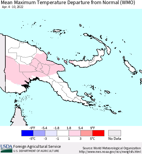 Papua New Guinea Mean Maximum Temperature Departure from Normal (WMO) Thematic Map For 4/4/2022 - 4/10/2022