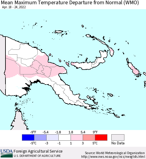 Papua New Guinea Mean Maximum Temperature Departure from Normal (WMO) Thematic Map For 4/18/2022 - 4/24/2022