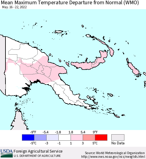 Papua New Guinea Mean Maximum Temperature Departure from Normal (WMO) Thematic Map For 5/16/2022 - 5/22/2022