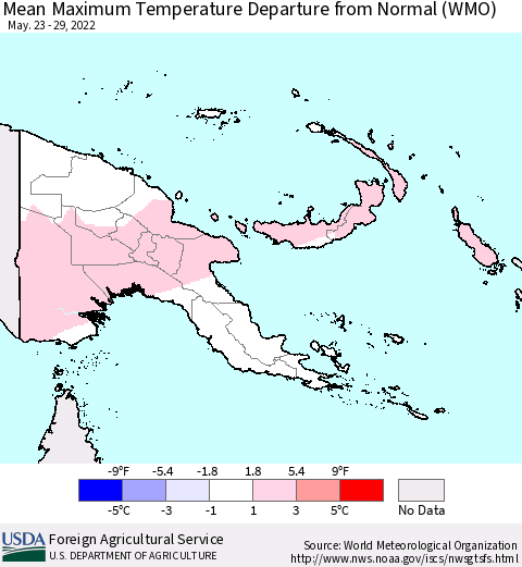 Papua New Guinea Mean Maximum Temperature Departure from Normal (WMO) Thematic Map For 5/23/2022 - 5/29/2022
